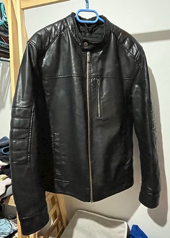 Erkek Siyah Deri Biker Ceket (MAVİ) - Görsel 2