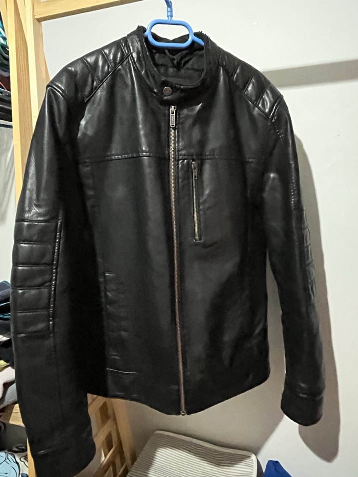 Erkek Siyah Deri Biker Ceket (MAVİ) - Görsel 4