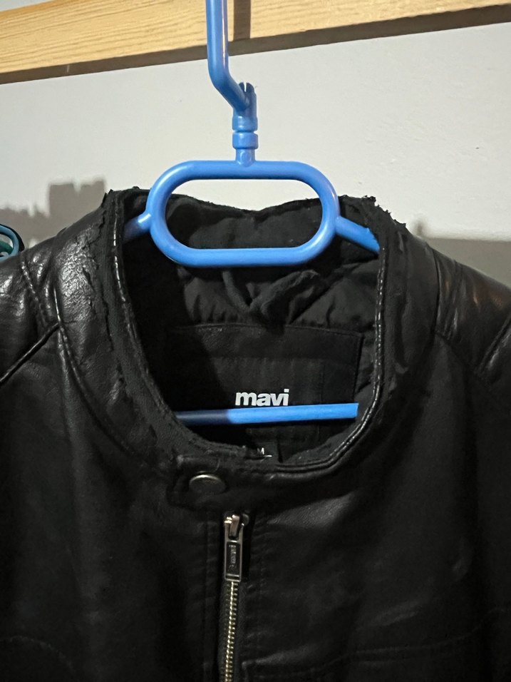 Erkek Siyah Deri Biker Ceket (MAVİ) - Görsel 3