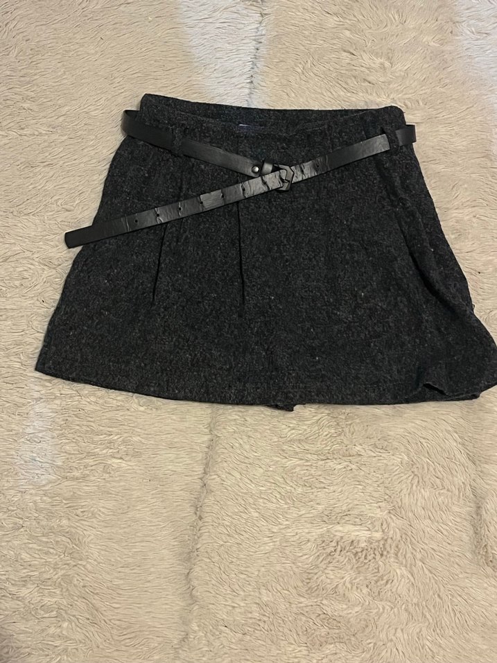 Gri Kemerli Yün Mini Etek - Görsel 2