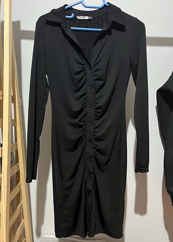 Siyah V Yakalı Uzun Kollu Kadın Elbise - Görsel 3