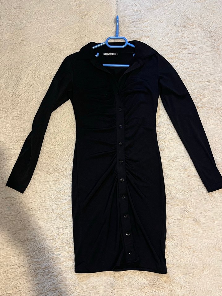 Siyah V Yakalı Uzun Kollu Kadın Elbise - Görsel 5