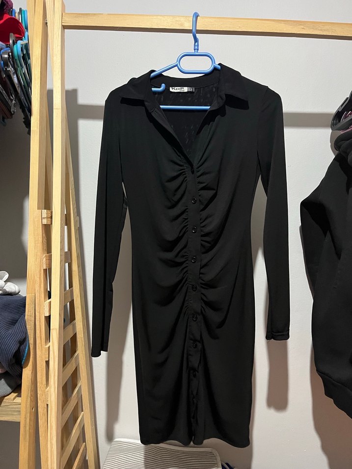 Siyah V Yakalı Uzun Kollu Kadın Elbise - Görsel 2