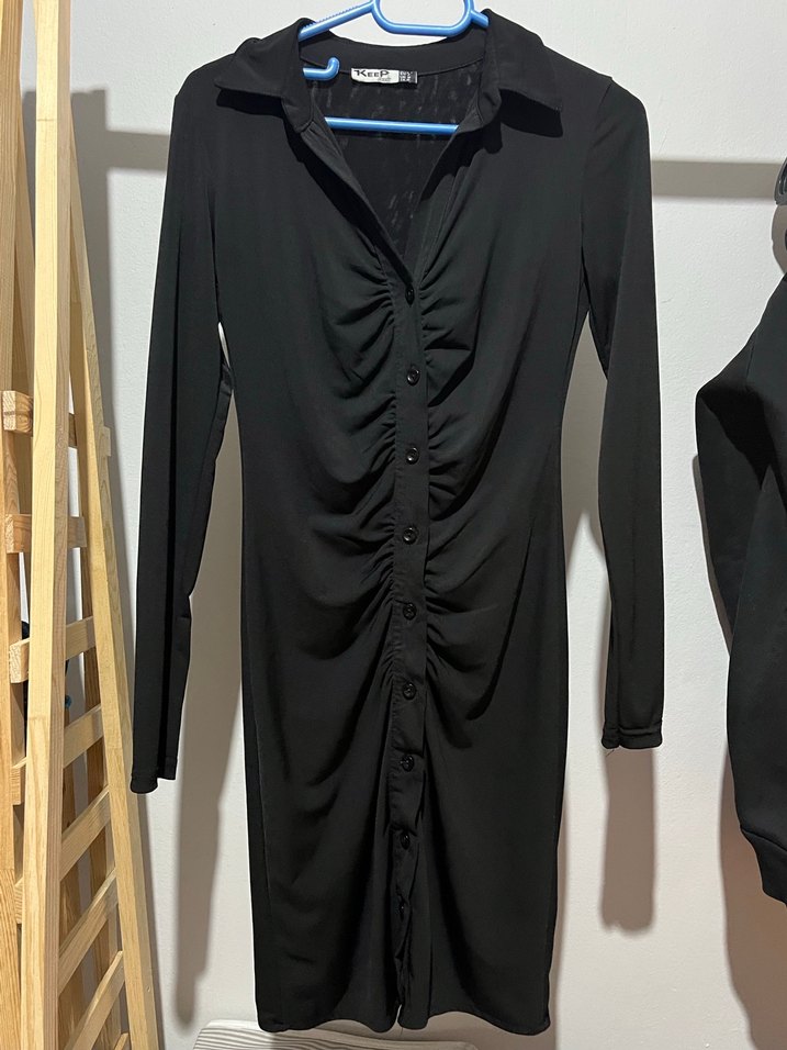 Siyah V Yakalı Uzun Kollu Kadın Elbise - Görsel 3
