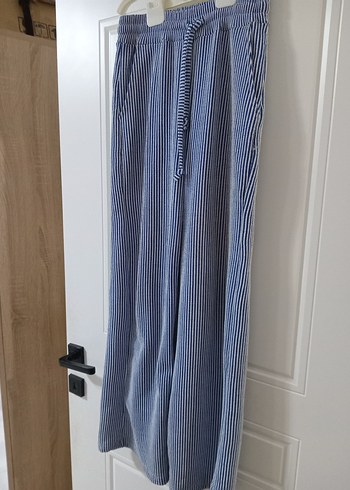 Mavi Çizgili Bol Kesim Kadın Keten Pantolon - Görsel 2