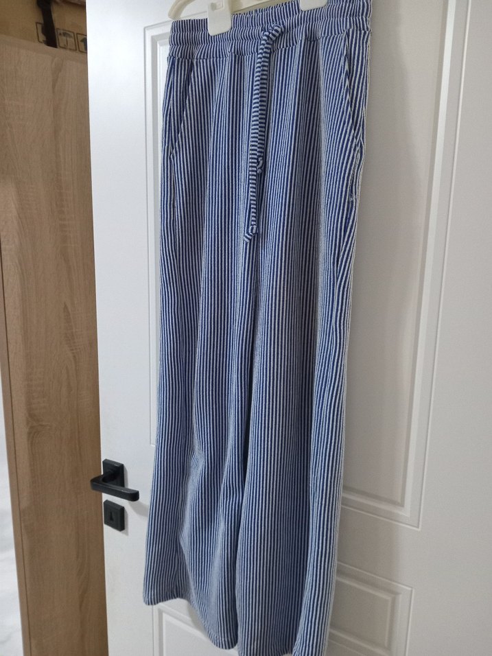 Mavi Çizgili Bol Kesim Kadın Keten Pantolon - Görsel 2