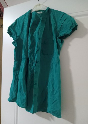 Turkuaz Kısa Kollu Hamile Keten Tunik - Görsel 2