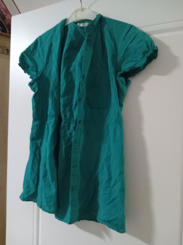 Turkuaz Kısa Kollu Hamile Keten Tunik - Görsel 2