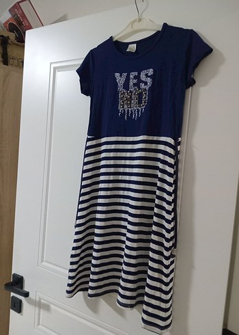 Kız Çocuk Lacivert Çizgili Kısa Kollu Elbise - Görsel 3