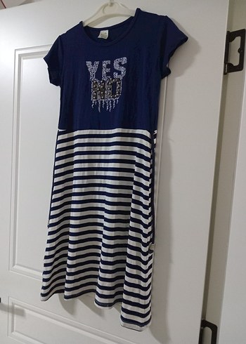 Kız Çocuk Lacivert Çizgili Kısa Kollu Elbise - Görsel 2