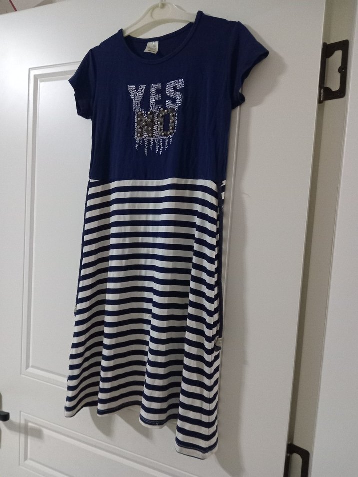 Kız Çocuk Lacivert Çizgili Kısa Kollu Elbise - Görsel 2