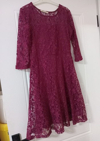 Bordo Dantel Midi Elbise, Uzun Kollu, Bohem - Görsel 2