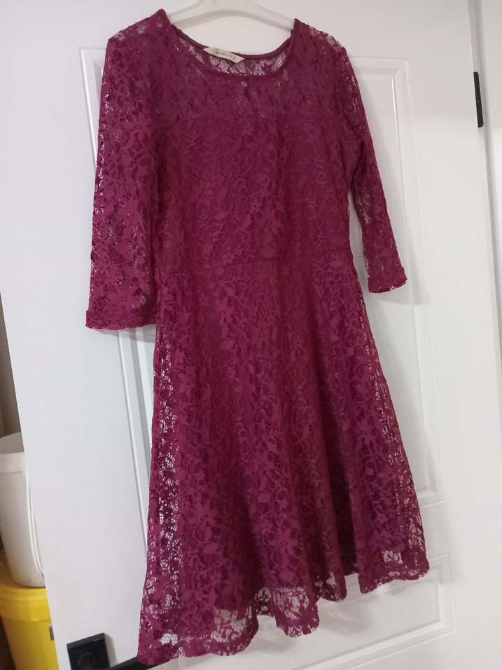 Bordo Dantel Midi Elbise, Uzun Kollu, Bohem - Görsel 2