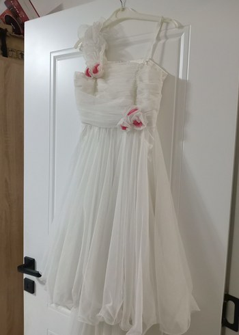 Çiçek Detaylı Beyaz Kız Çocuk Abiye Elbise - Görsel 3