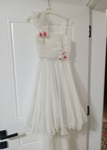 Çiçek Detaylı Beyaz Kız Çocuk Abiye Elbise - Görsel 2