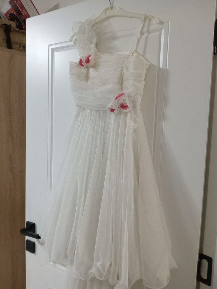 Çiçek Detaylı Beyaz Kız Çocuk Abiye Elbise - Görsel 3