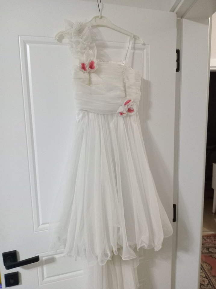 Çiçek Detaylı Beyaz Kız Çocuk Abiye Elbise - Görsel 2