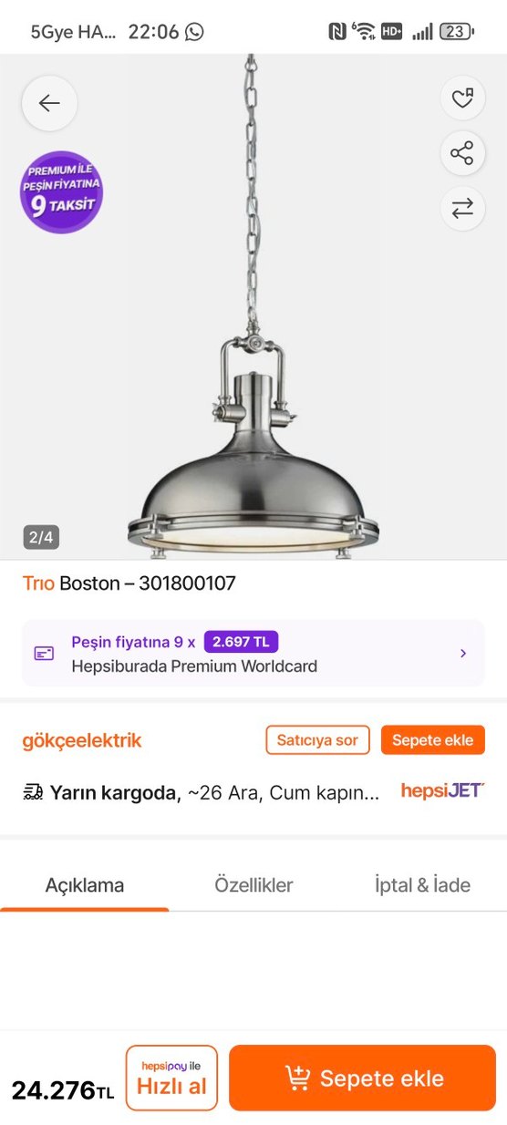 Trio Boston Gri Metal Sarkıt Lamba - Görsel 2