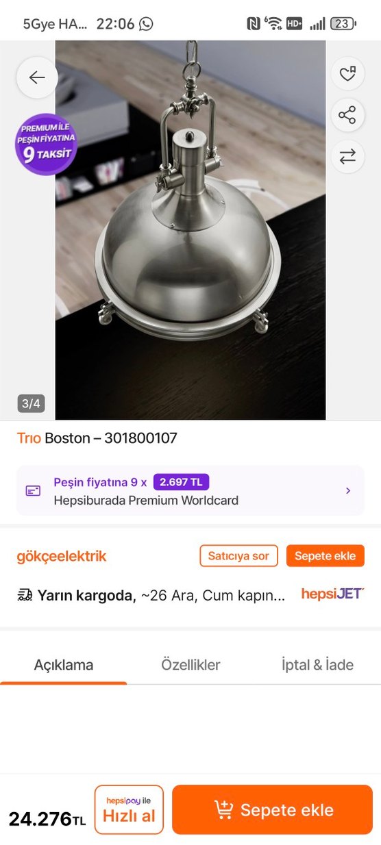 Trio Boston Gri Metal Sarkıt Lamba - Görsel 3