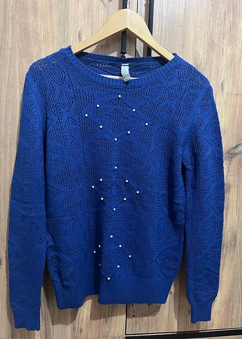 İnci Detaylı Mavi Örgü Kadın Kazak - Görsel 3