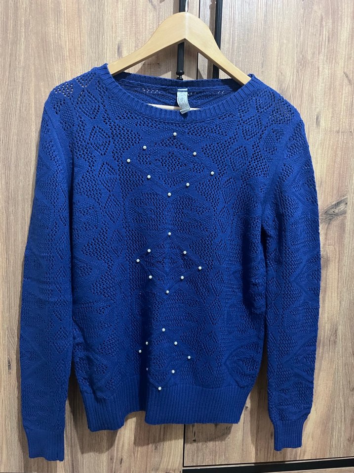 İnci Detaylı Mavi Örgü Kadın Kazak - Görsel 3