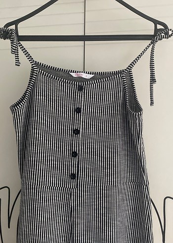 Düğmeli Çizgili Uzun Kadın Tulum - Görsel 3