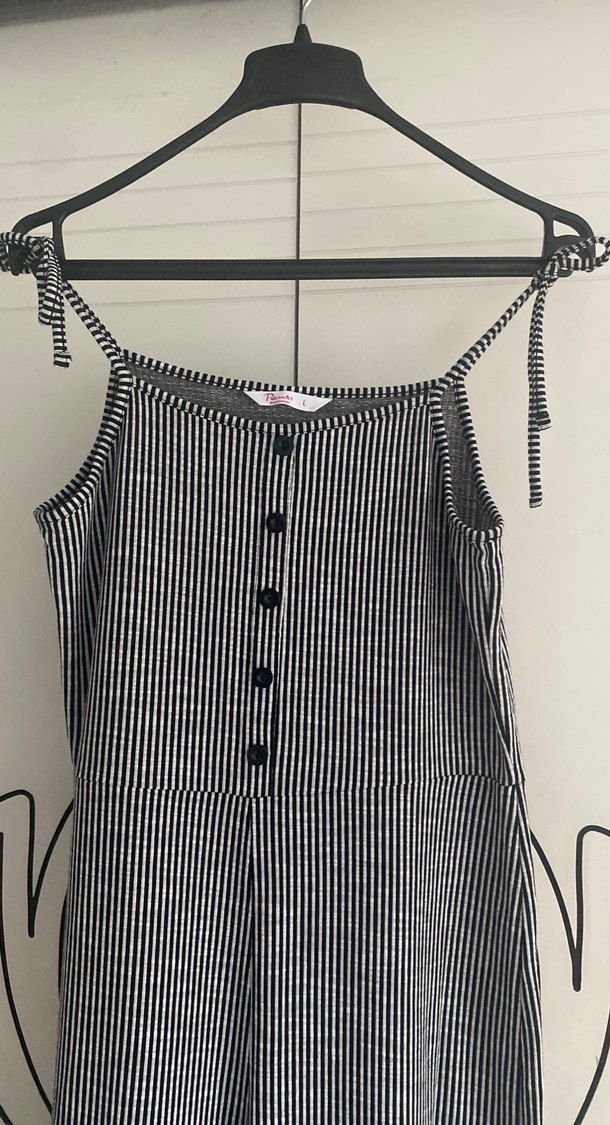 Düğmeli Çizgili Uzun Kadın Tulum - Görsel 3