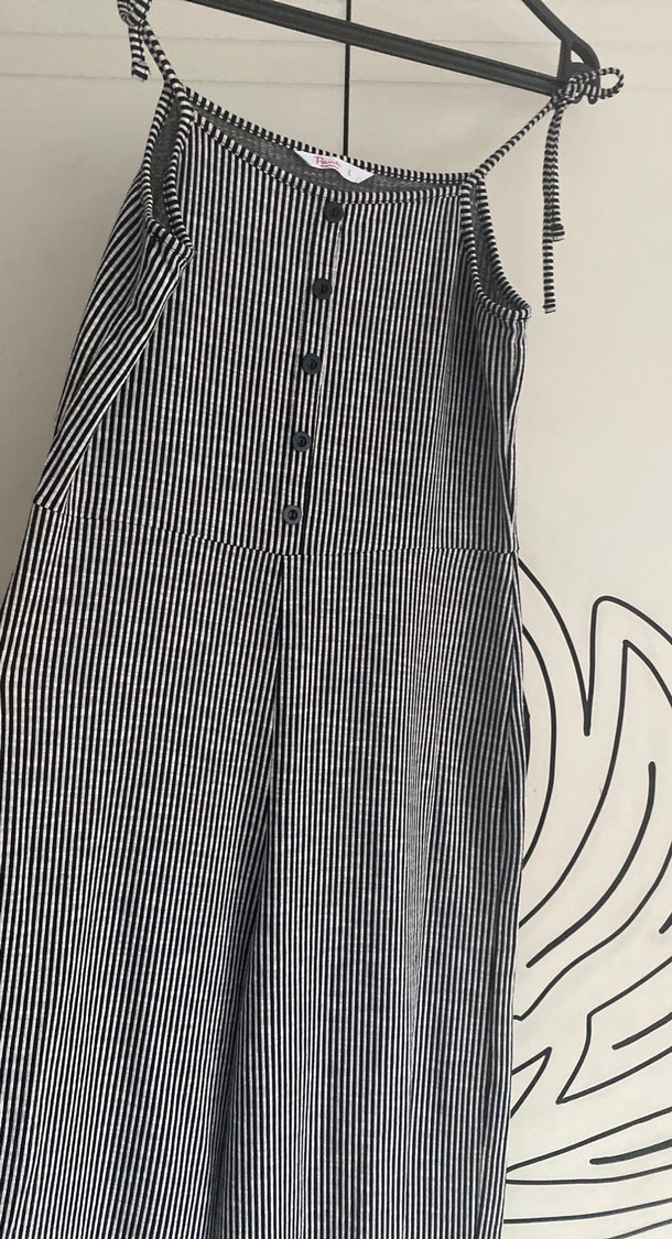 Düğmeli Çizgili Uzun Kadın Tulum - Görsel 4