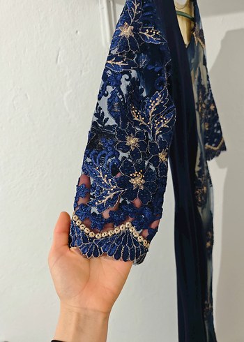 Mavi Nakışlı 3/4 Kollu Bohem Kadın Elbise - Görsel 2