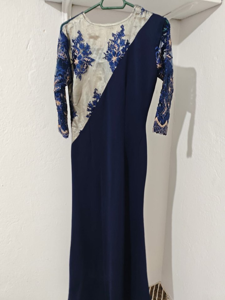 Mavi Nakışlı 3/4 Kollu Bohem Kadın Elbise - Görsel 3