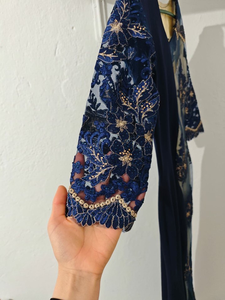 Mavi Nakışlı 3/4 Kollu Bohem Kadın Elbise - Görsel 2