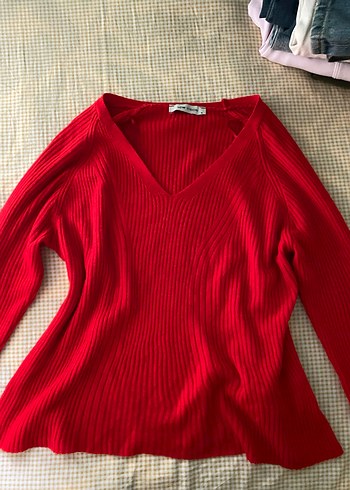 Kırmızı V Yaka Kadın Triko Kazak - Görsel 3