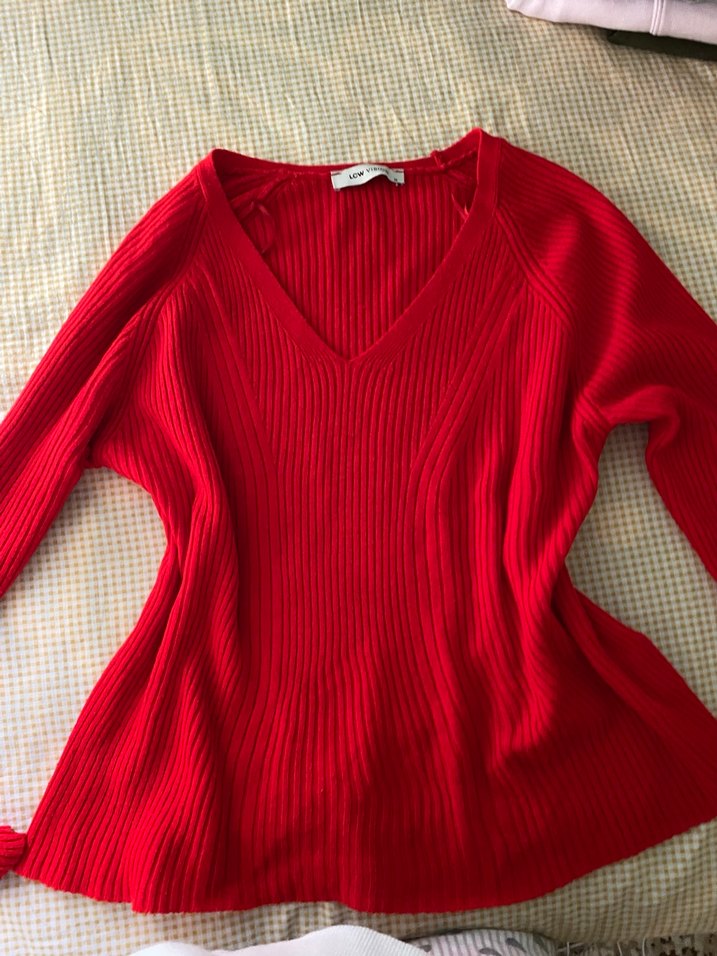 Kırmızı V Yaka Kadın Triko Kazak - Görsel 2