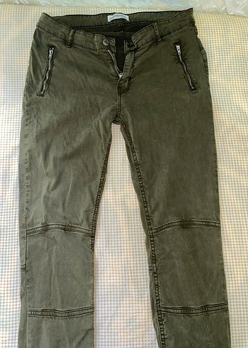 Zara Fermuarlı Koyu Haki Denim Kadın Pantolon - Görsel 4