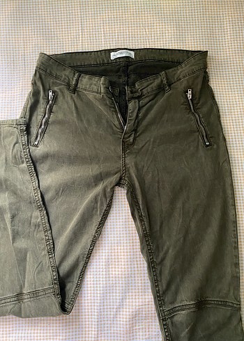 Zara Fermuarlı Koyu Haki Denim Kadın Pantolon - Görsel 2