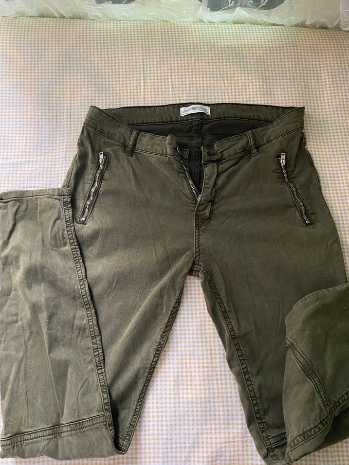 Zara Fermuarlı Koyu Haki Denim Kadın Pantolon - Görsel 5