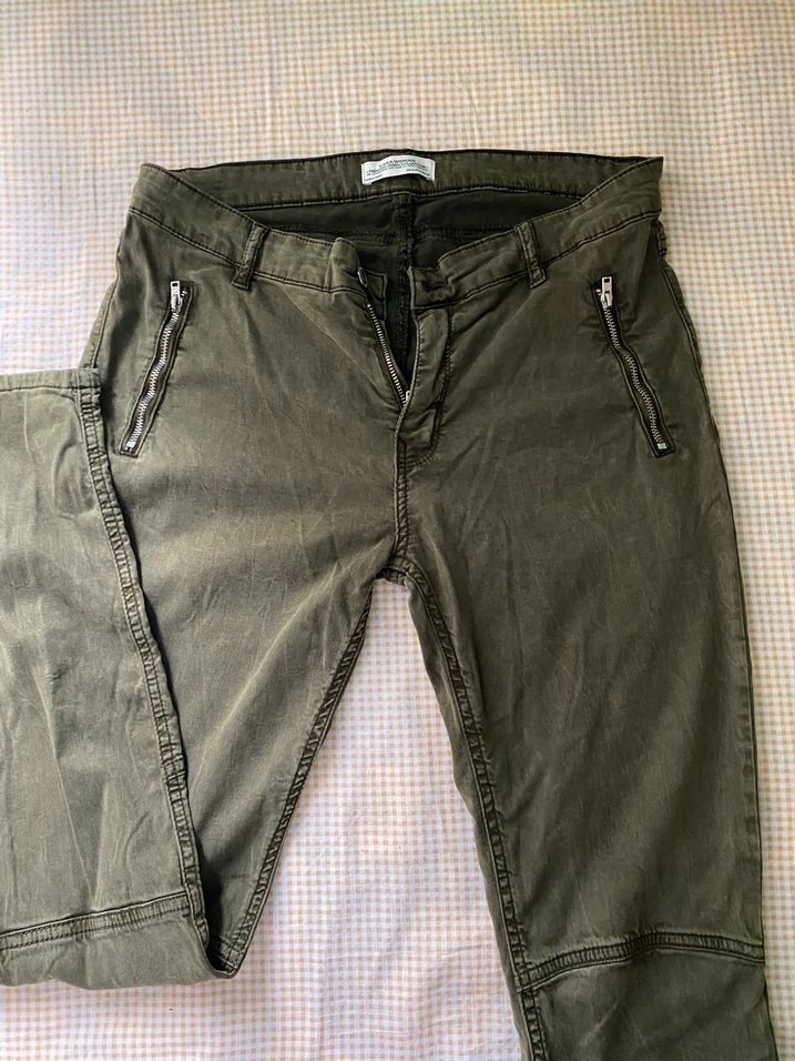 Zara Fermuarlı Koyu Haki Denim Kadın Pantolon - Görsel 2