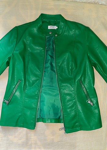 Yeşil Kadın Deri Biker Ceket - Görsel 4