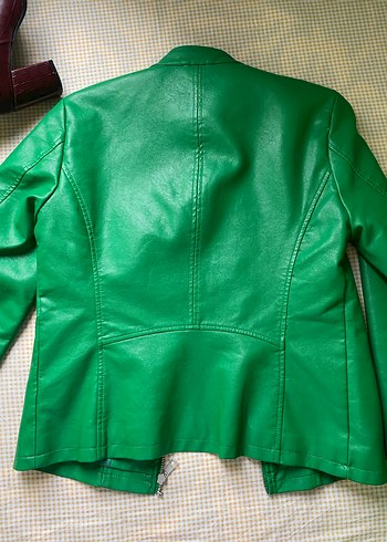 Yeşil Kadın Deri Biker Ceket - Görsel 3