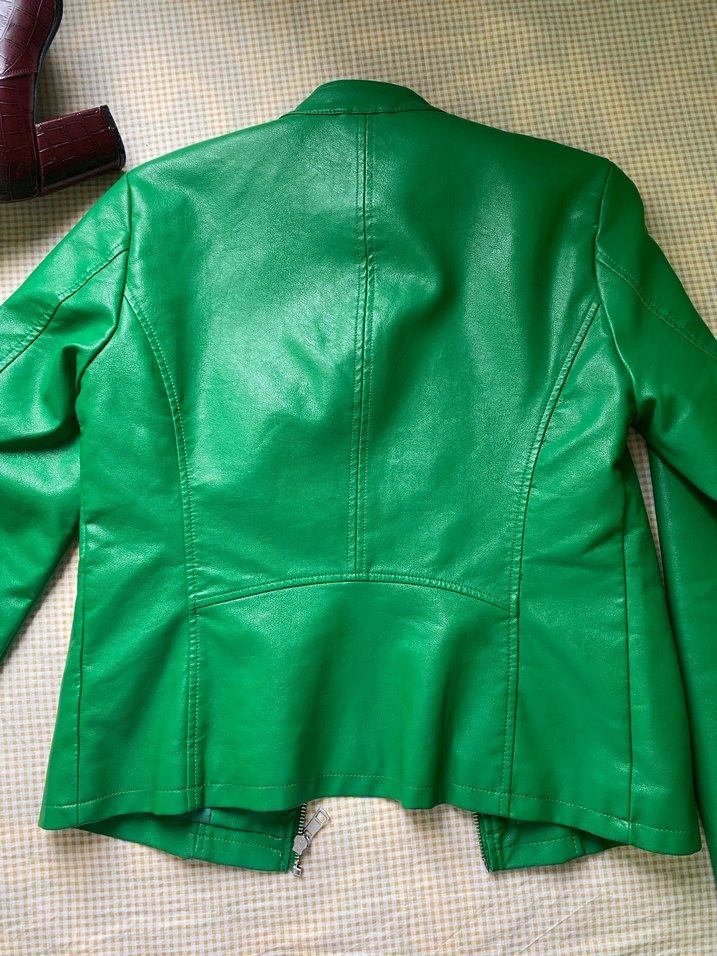 Yeşil Kadın Deri Biker Ceket - Görsel 3