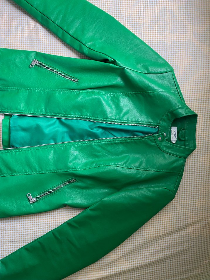 Yeşil Kadın Deri Biker Ceket - Görsel 5