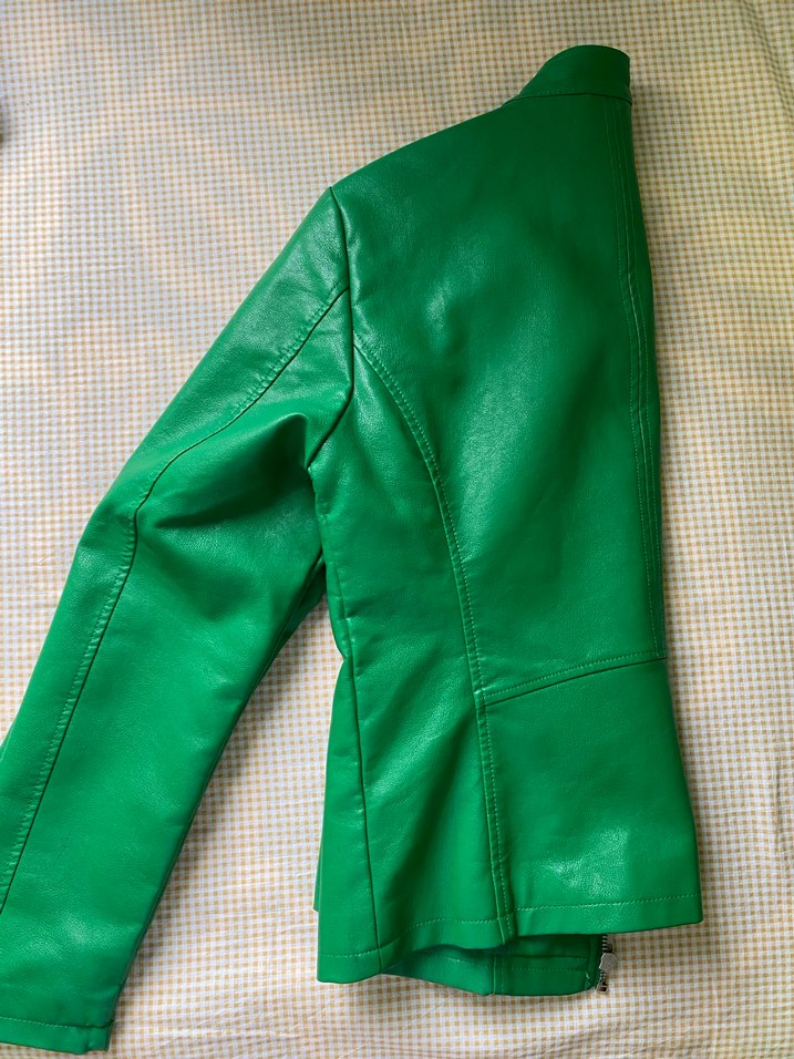 Yeşil Kadın Deri Biker Ceket - Görsel 2
