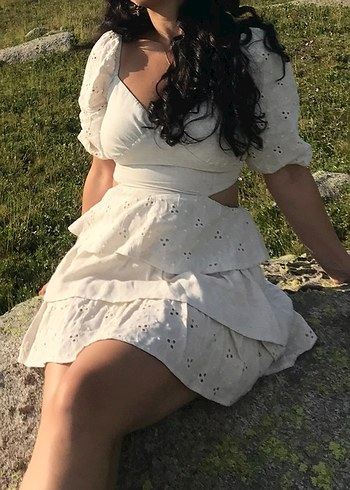 V Yaka Mini Bohem kırık Beyaz elbise - Görsel 3