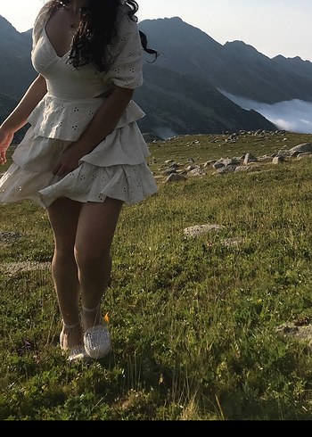 V Yaka Mini Bohem kırık Beyaz elbise - Görsel 2