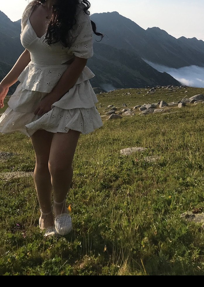 V Yaka Mini Bohem kırık Beyaz elbise - Görsel 2