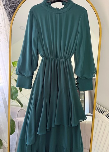 Uzun Turkuaz Fırfırlı Klasik Elbise - Görsel 4