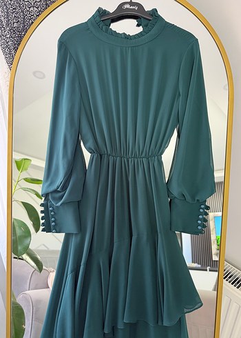 Uzun Turkuaz Fırfırlı Klasik Elbise - Görsel 3