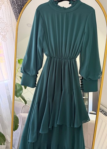 Uzun Turkuaz Fırfırlı Klasik Elbise - Görsel 2