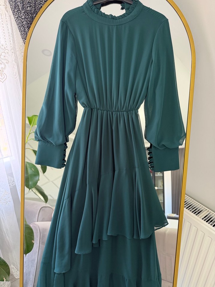 Uzun Turkuaz Fırfırlı Klasik Elbise - Görsel 4