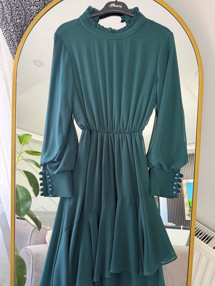 Uzun Turkuaz Fırfırlı Klasik Elbise - Görsel 3